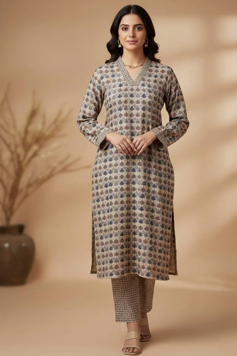 Beige Chanderi Silk with Multicoloured Printed Suit