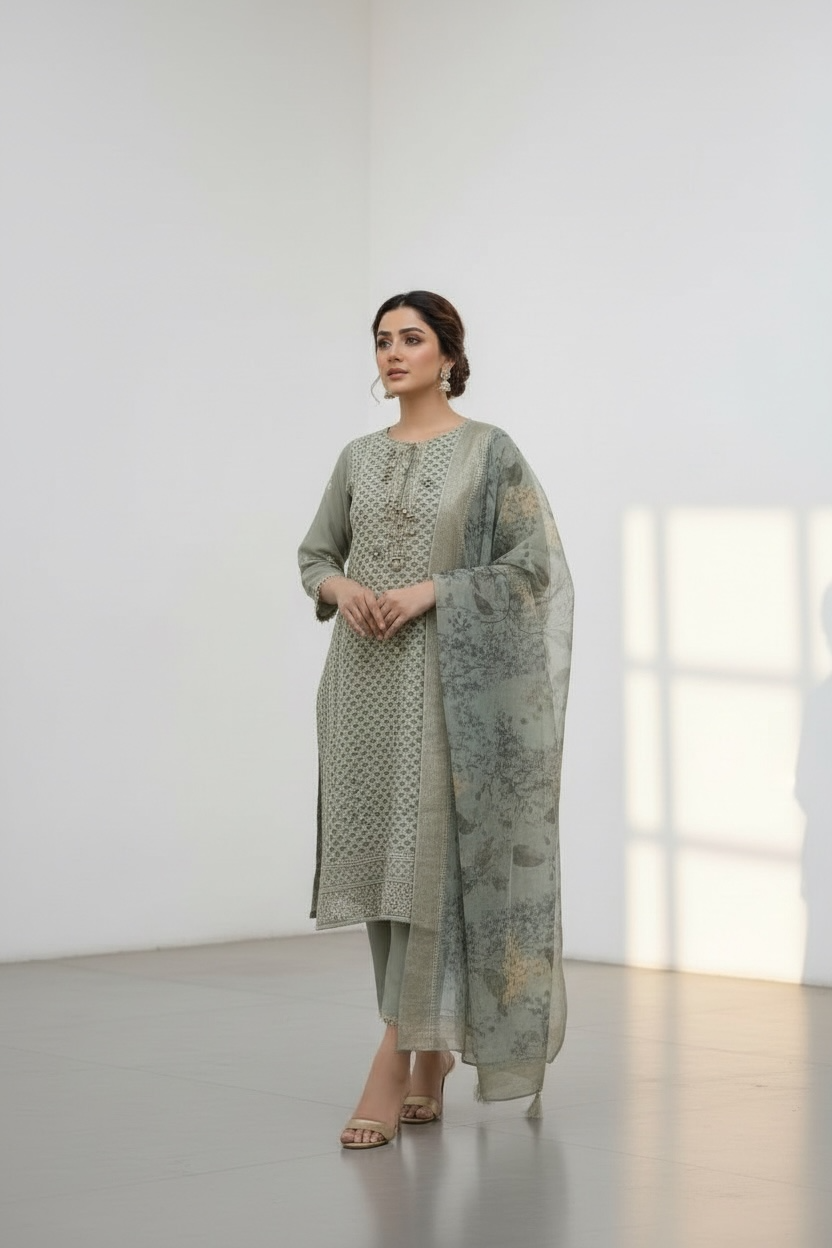 Alia Green Georgette Lakhnavi Suit with Banarsi Dupatta