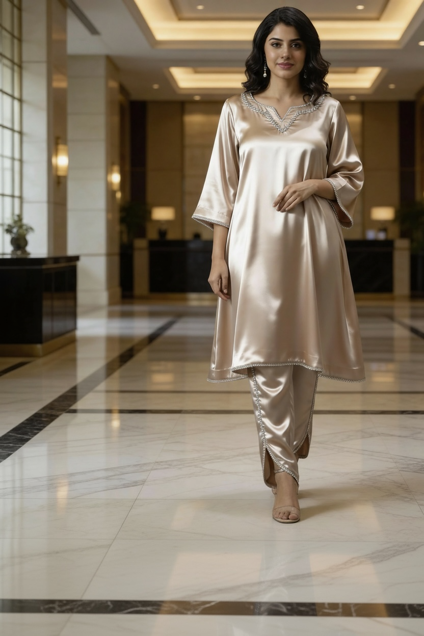 Light Pink Satin Co-ord Set with Pearl Lace and Tulip Pant