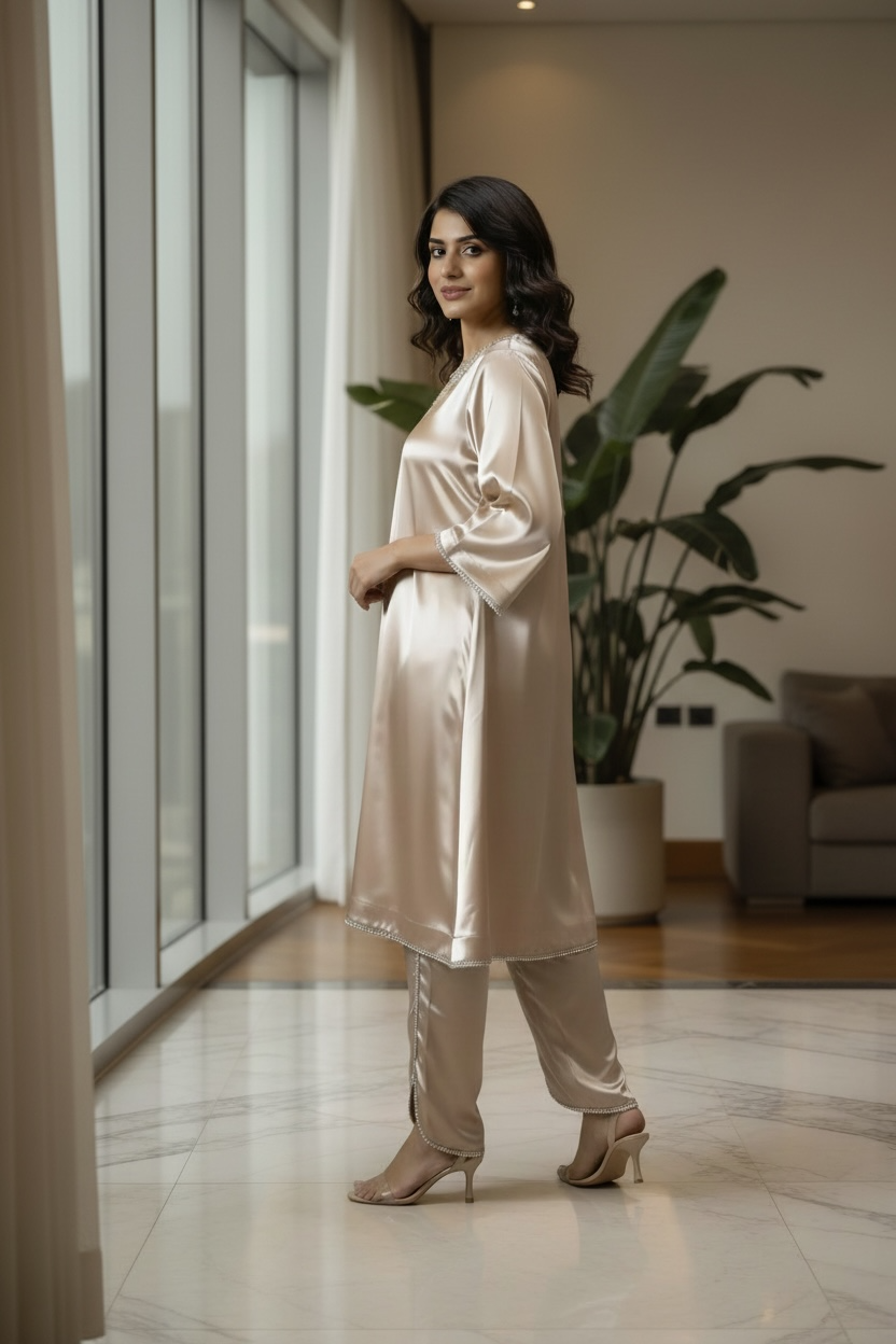 Light Pink Satin Co-ord Set with Pearl Lace and Tulip Pant
