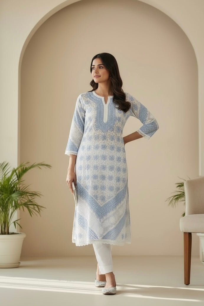 Light Blue and White Cotton Lakhnavi Shirt and Pant