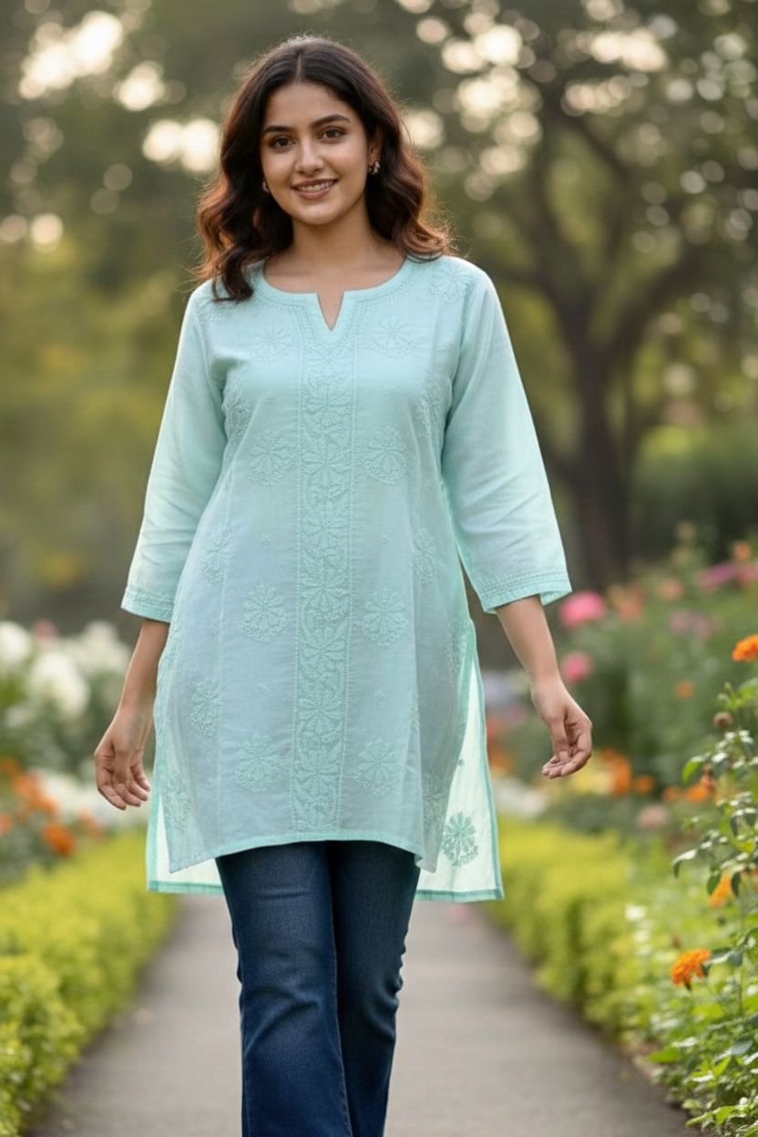 Modal Silk Sea Green Lakhnavi Short Kurti