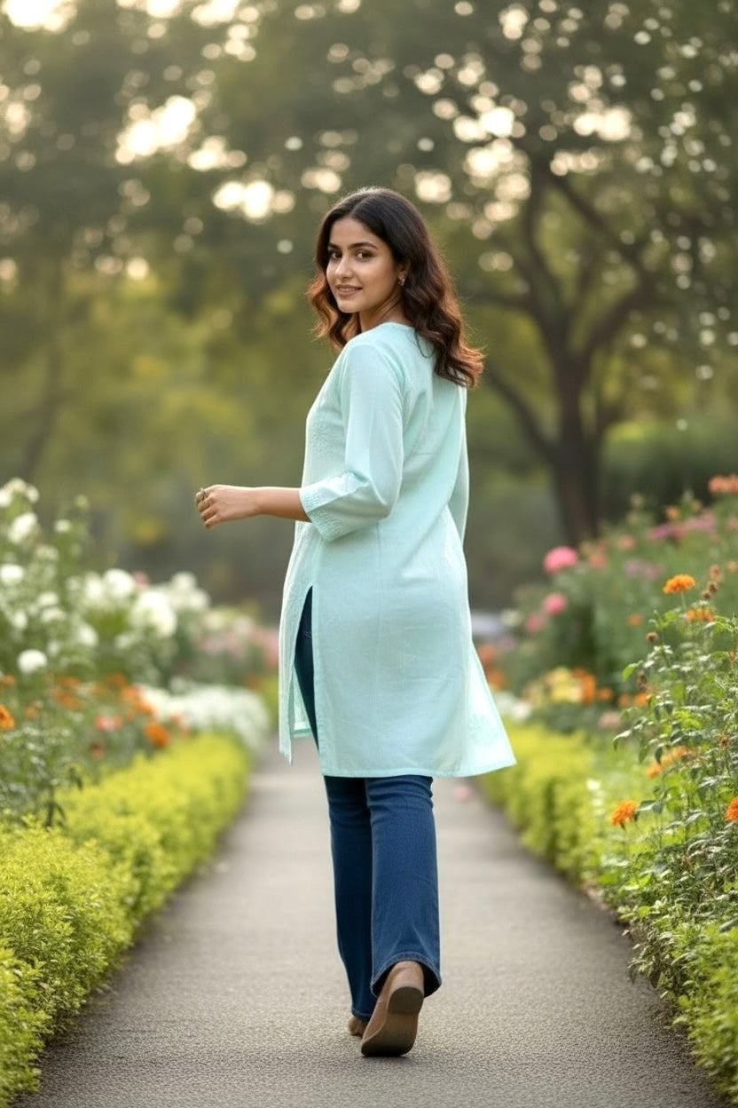 Modal Silk Sea Green Lakhnavi Short Kurti