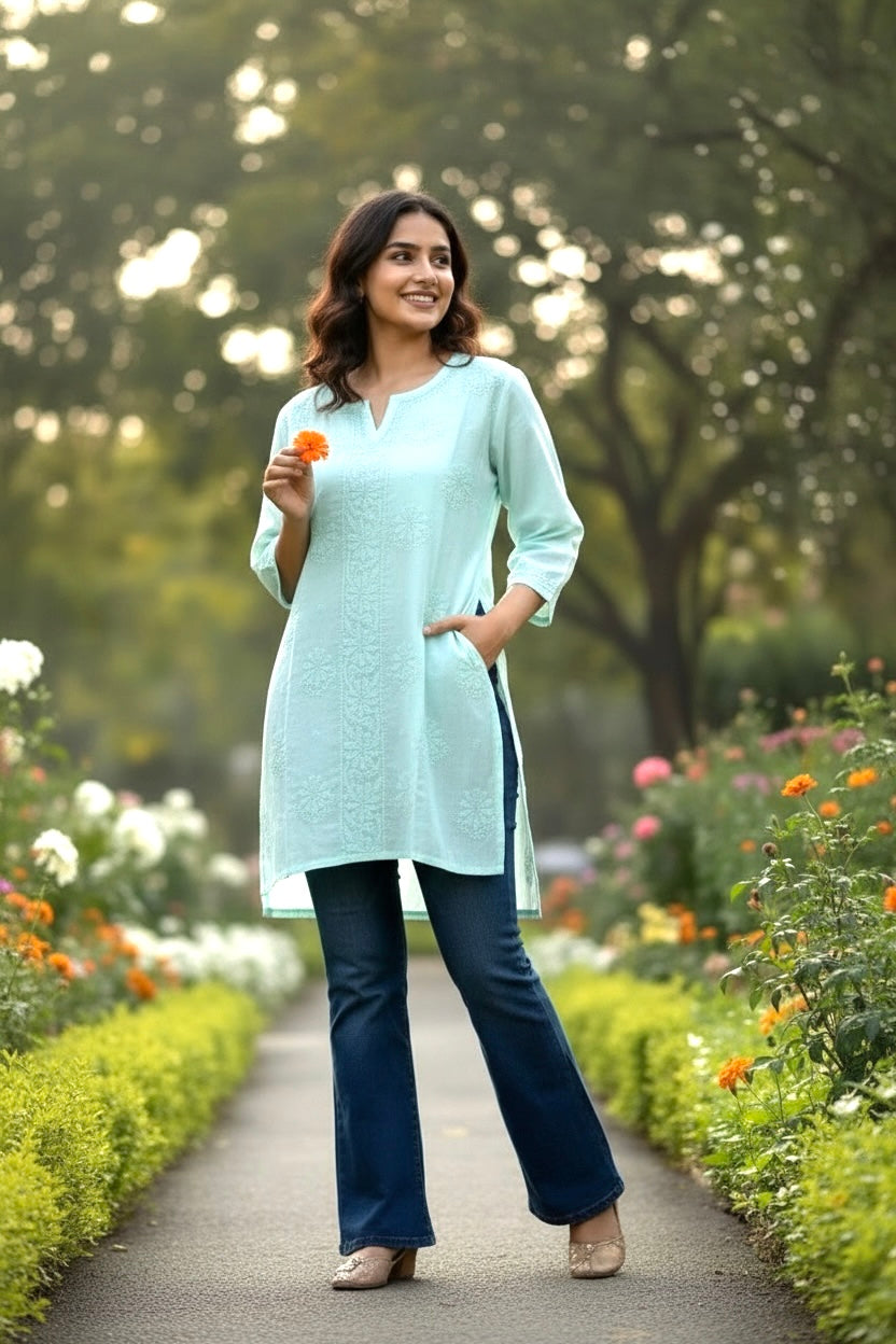 Modal Silk Sea Green Lakhnavi Short Kurti