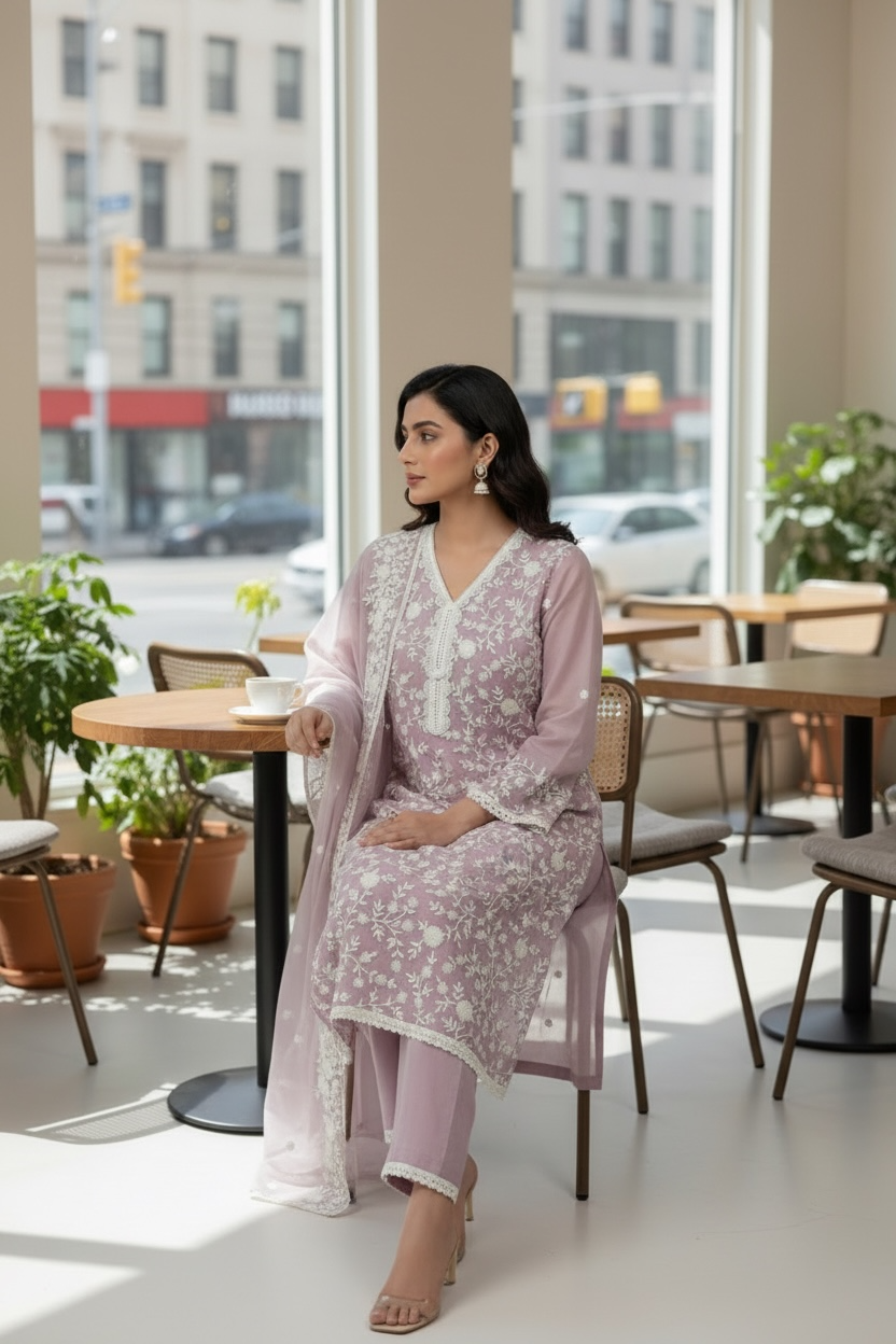 Light Onion Pink Full Embroidered Suit with handwork and embroidered Chiffon Dupatta and Pant