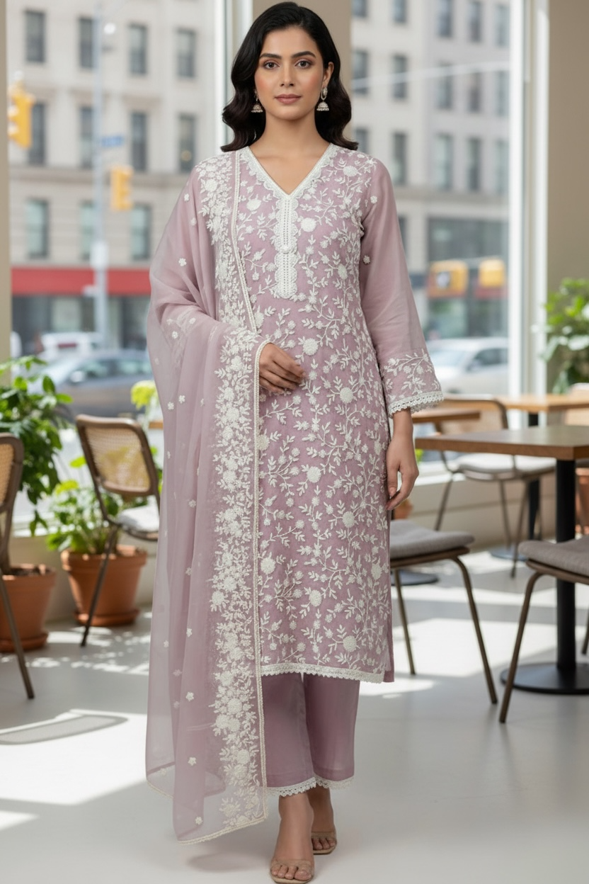 Light Onion Pink Full Embroidered Suit with handwork and embroidered Chiffon Dupatta and Pant