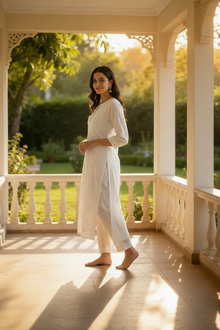White Cotton Lakhnavi Full Embroidered Shirt with Pant