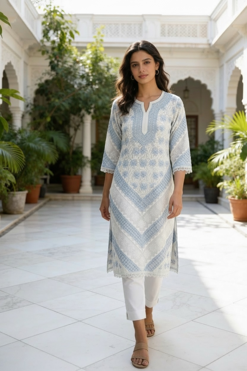 Light Blue and White Cotton Lakhnavi Shirt and Pant