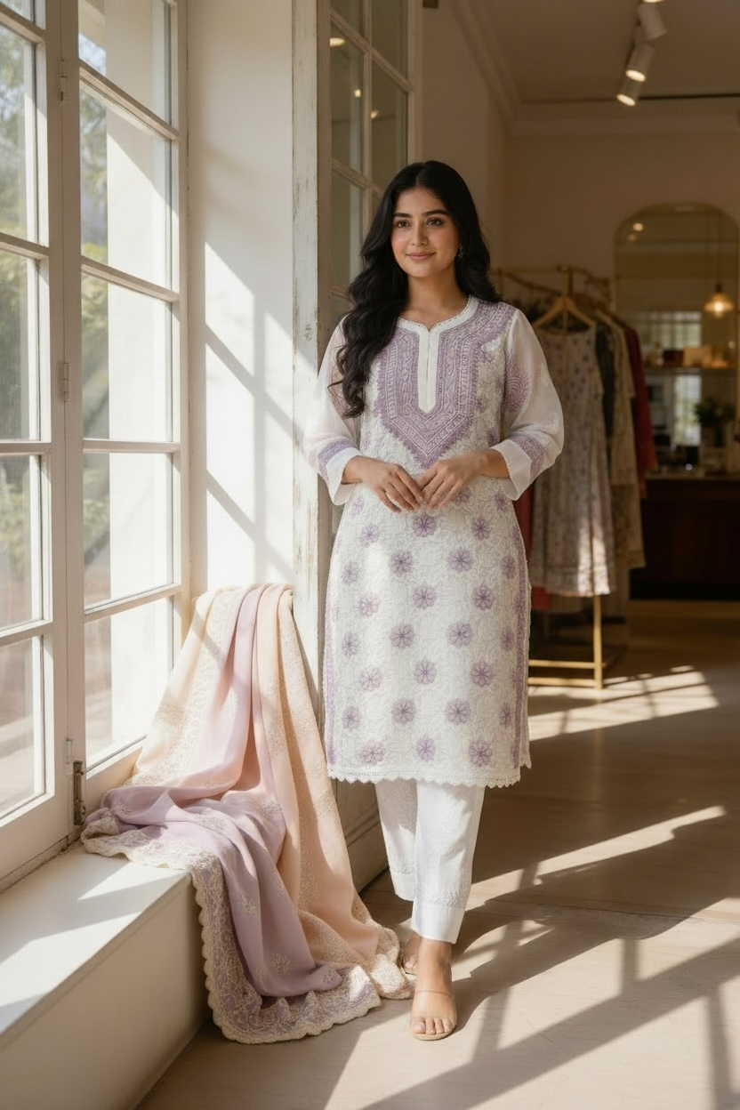 White and Mauve Cotton Lakhnavi Shirt and Pant