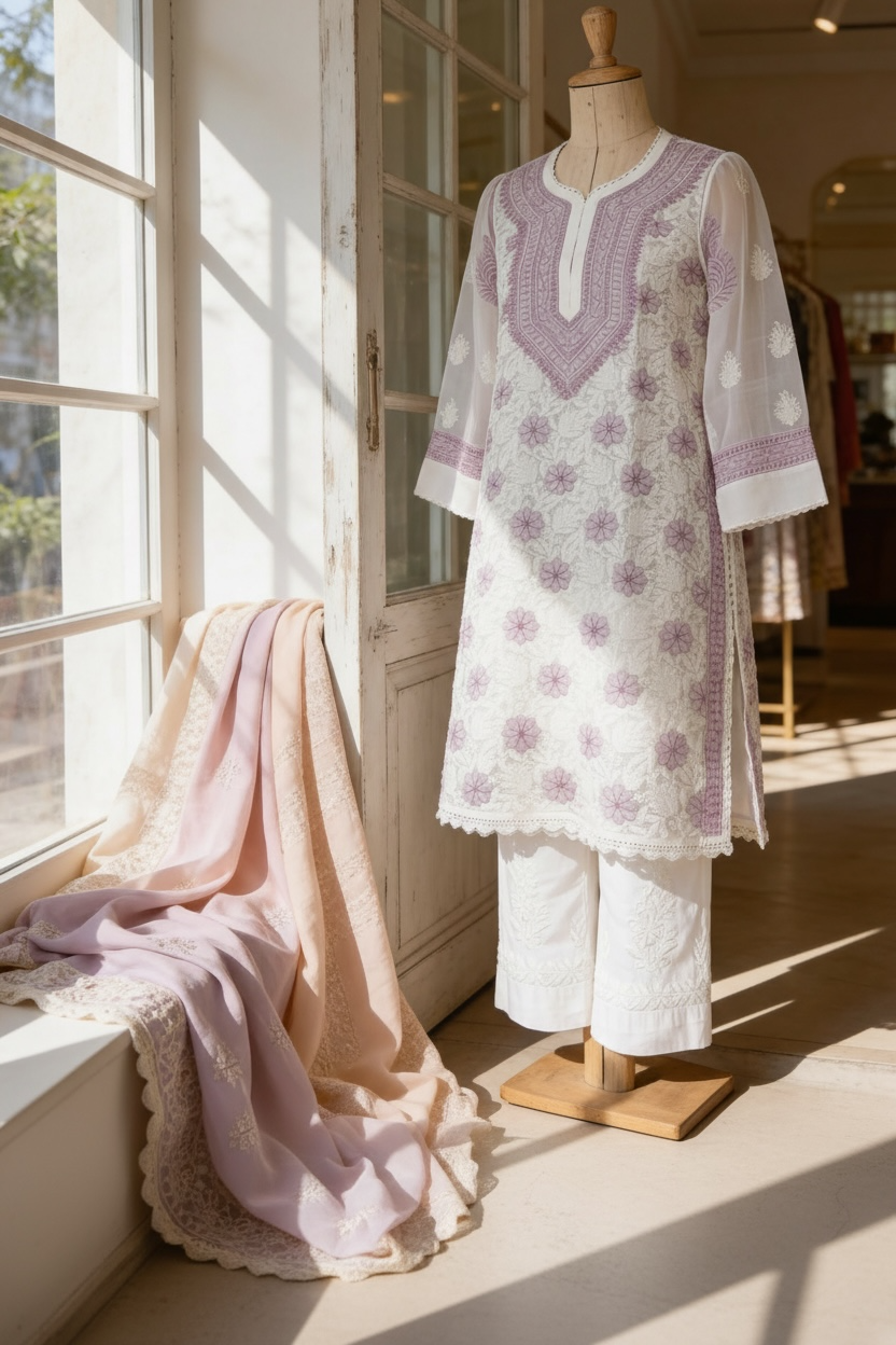 White and Mauve Cotton Lakhnavi Shirt and Pant