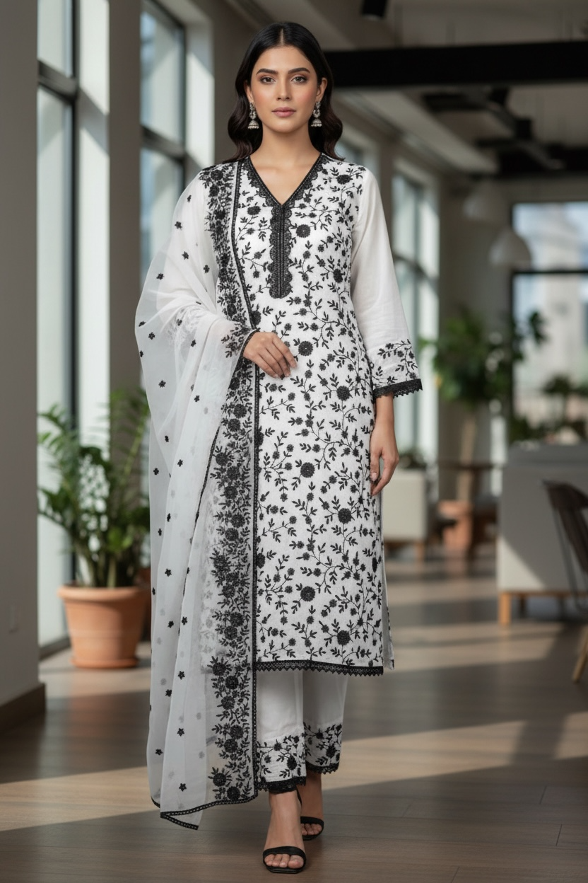 Off White Organza Full Embroidered Suit with Shiffon Embroidered Dupatta and Pant