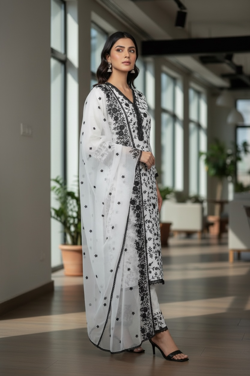 Off White Organza Full Embroidered Suit with Shiffon Embroidered Dupatta and Pant