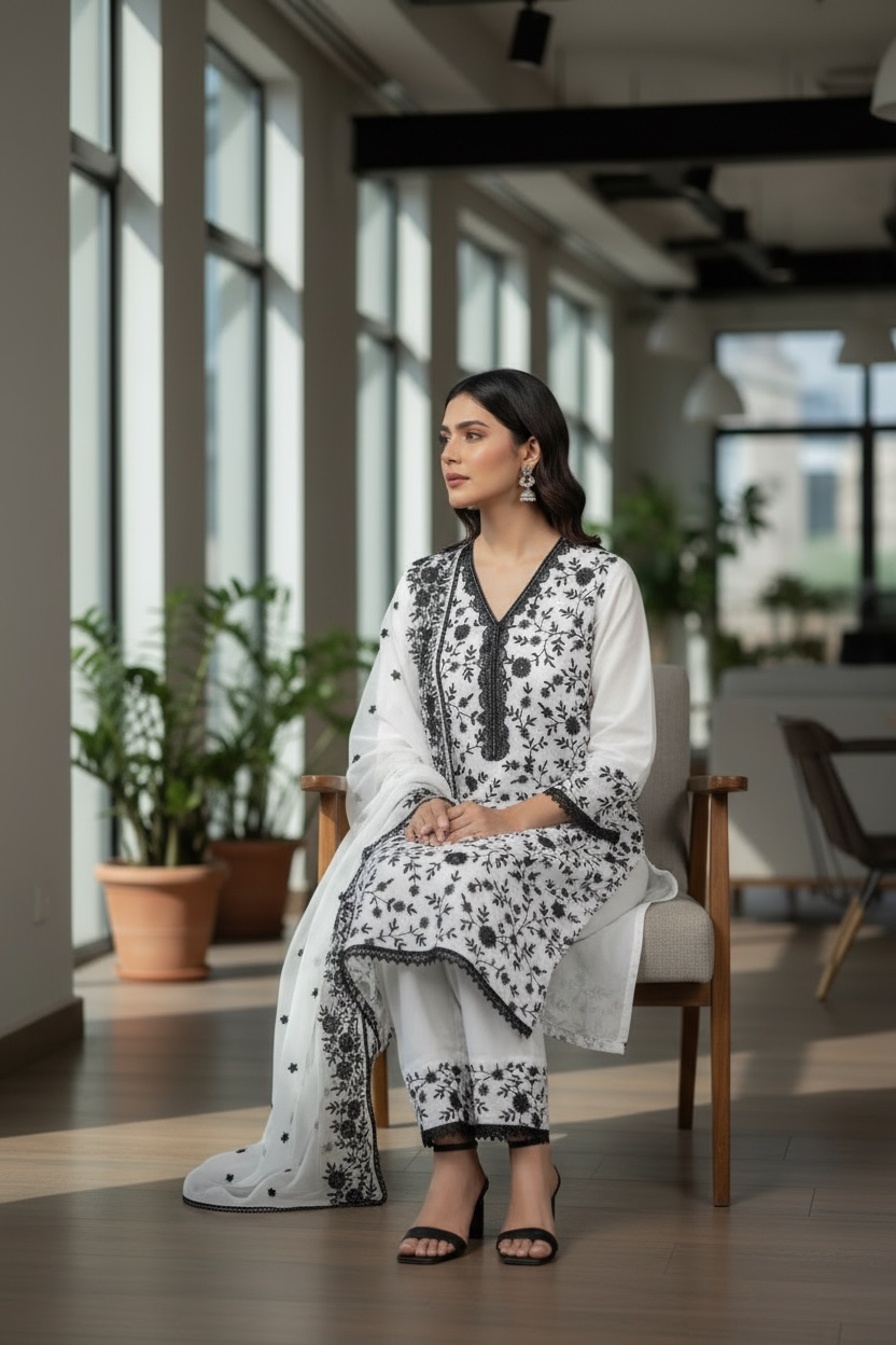 Off White Organza Full Embroidered Suit with Shiffon Embroidered Dupatta and Pant
