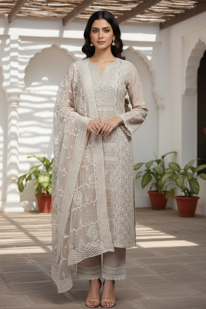Beige Georgette Full Embroidered Suit with Pearl and Sequence Work with Dupatta and Pant