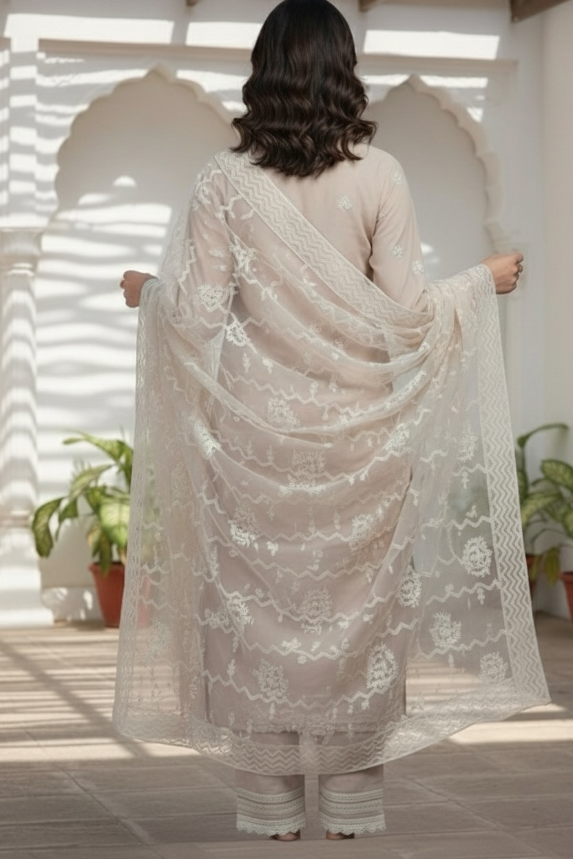 Beige Georgette Full Embroidered Suit with Pearl and Sequence Work with Dupatta and Pant