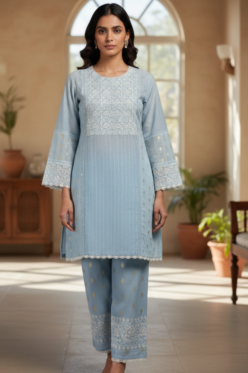 Sky Blue Pure Chanderi Silk Co-ord Set with Lakhnavi Embroidery of Pearl and Nalki and Pant