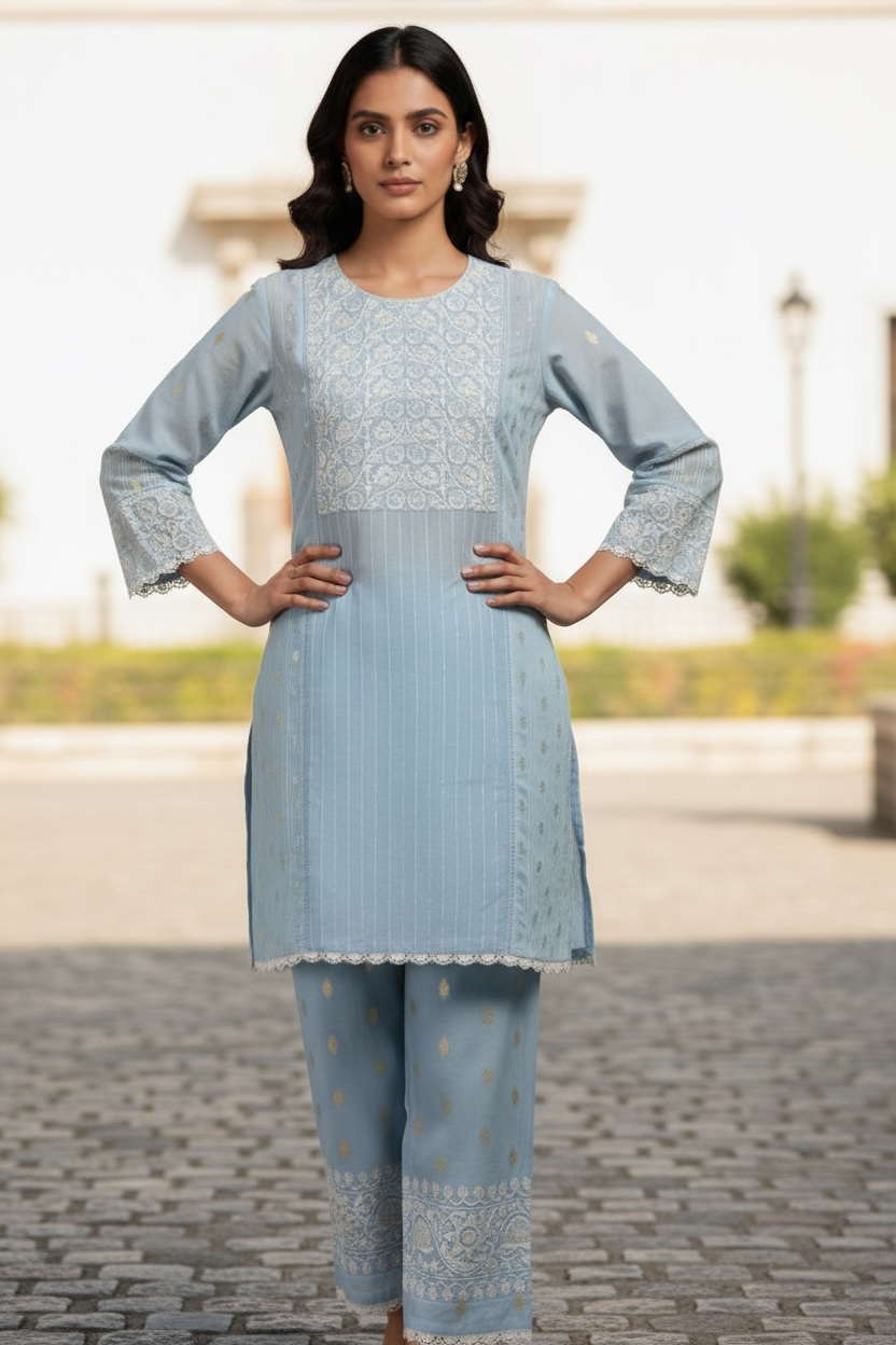 Sky Blue Pure Chanderi Silk Co-ord Set with Lakhnavi Embroidery of Pearl and Nalki and Pant