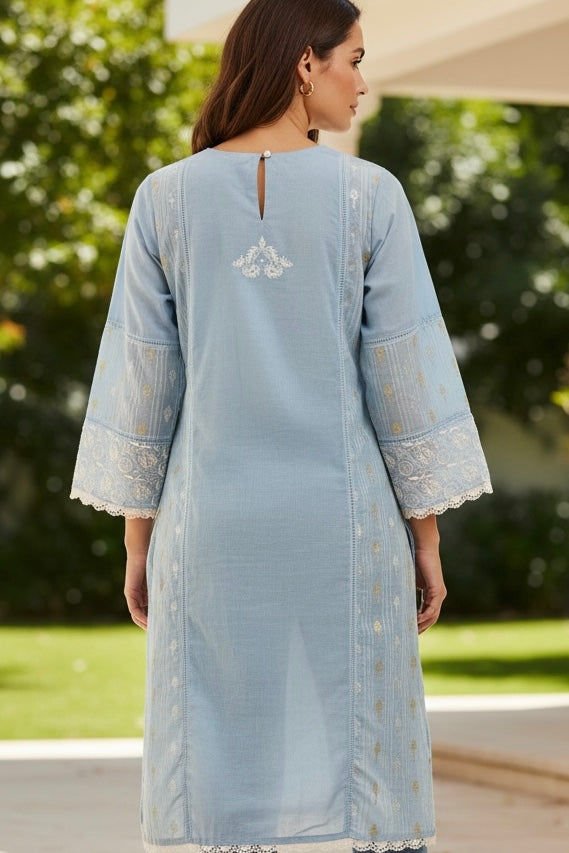Sky Blue Pure Chanderi Silk Co-ord Set with Lakhnavi Embroidery of Pearl and Nalki and Pant