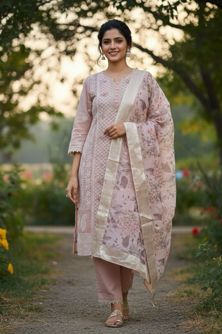 Onion Pink Georgette Suit with Hand Embroidery and Pearl Work with Organza Dupatta and Pant