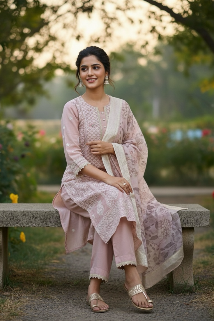 Onion Pink Georgette Suit with Hand Embroidery and Pearl Work with Organza Dupatta and Pant
