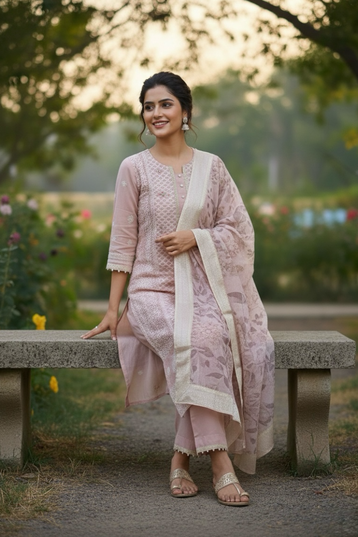 Onion Pink Georgette Suit with Hand Embroidery and Pearl Work with Organza Dupatta and Pant
