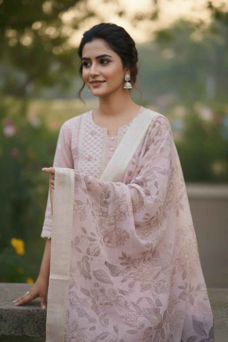 Onion Pink Georgette Suit with Hand Embroidery and Pearl Work with Organza Dupatta and Pant