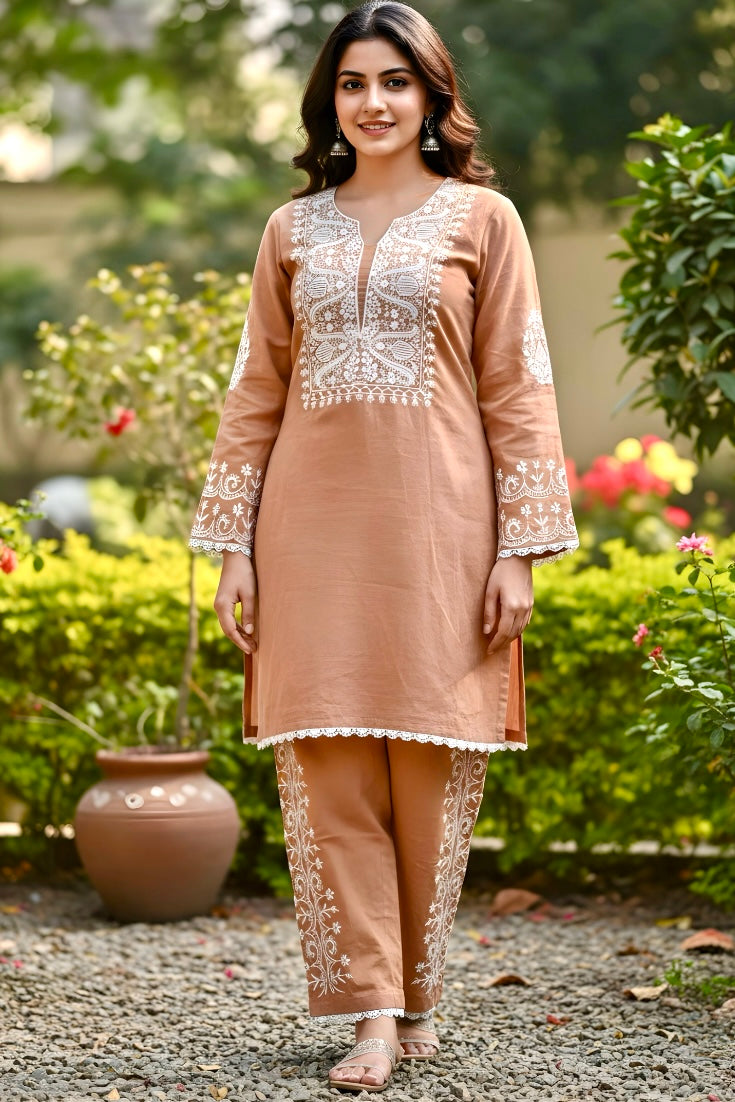 Cotton Shimmer Co-ord Set with Hand Embroidery on Shirt and Pant