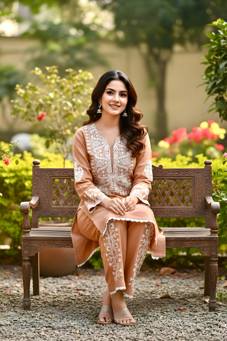 Cotton Shimmer Co-ord Set with Hand Embroidery on Shirt and Pant