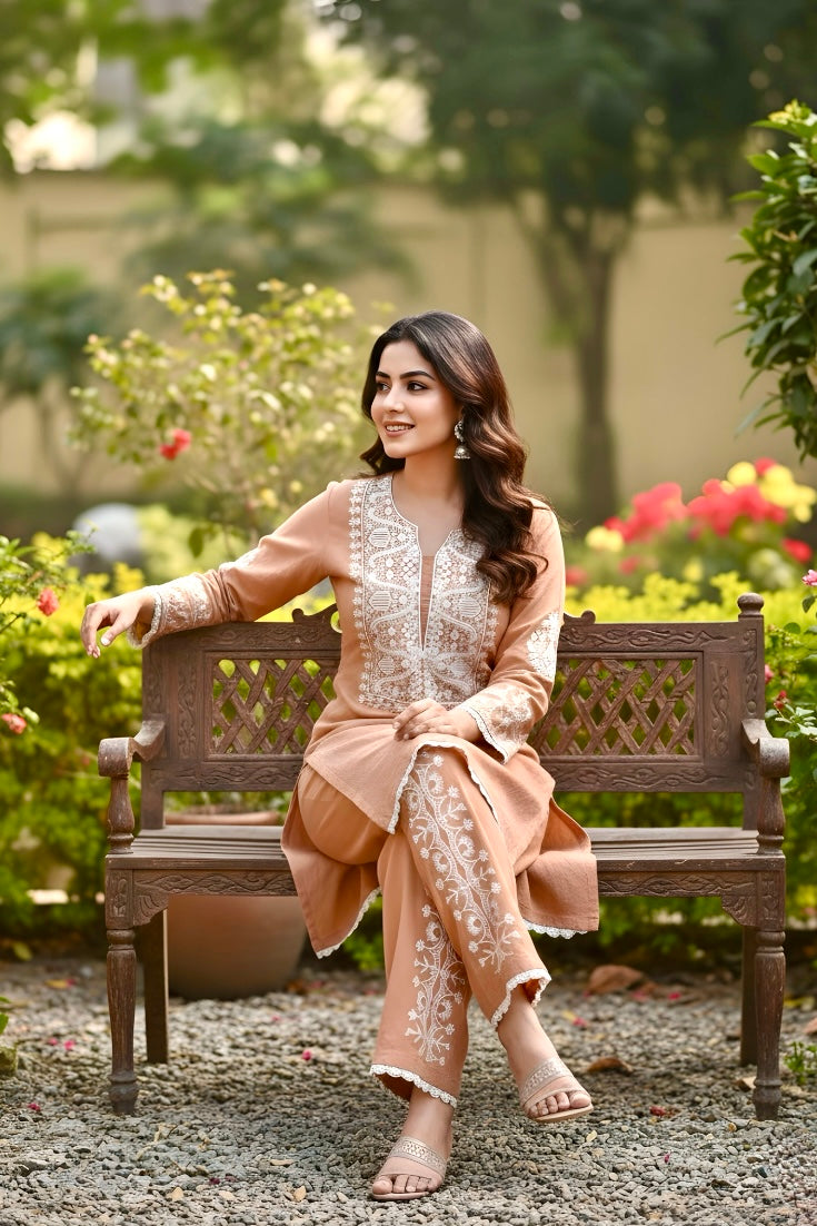 Cotton Shimmer Co-ord Set with Hand Embroidery on Shirt and Pant