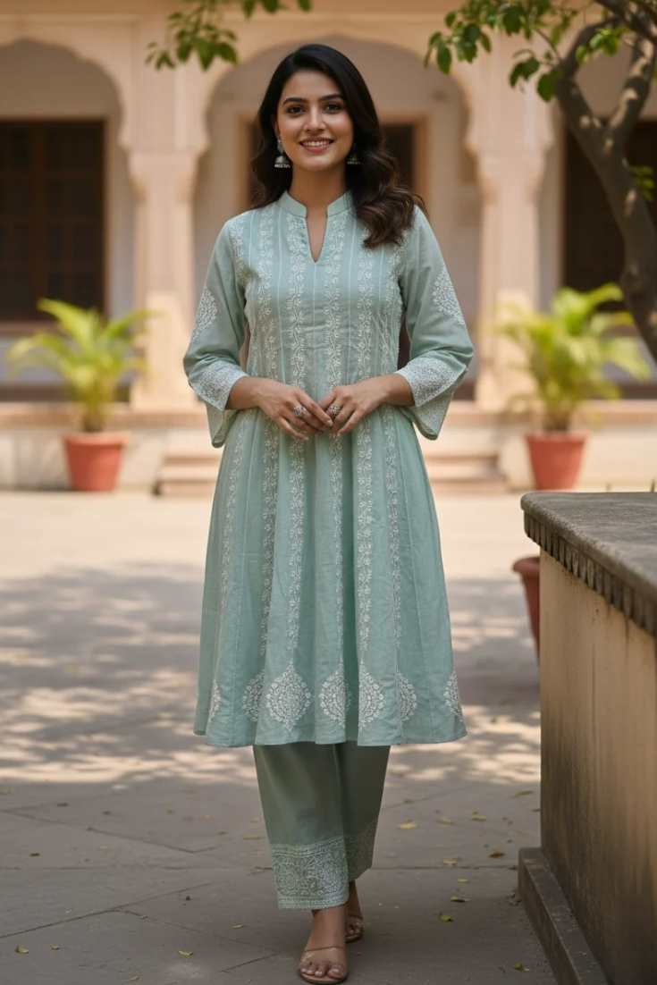 Green Pure Silk Hand Embroidered Lakhnavi Co-ord Set with Embroidered Plazo