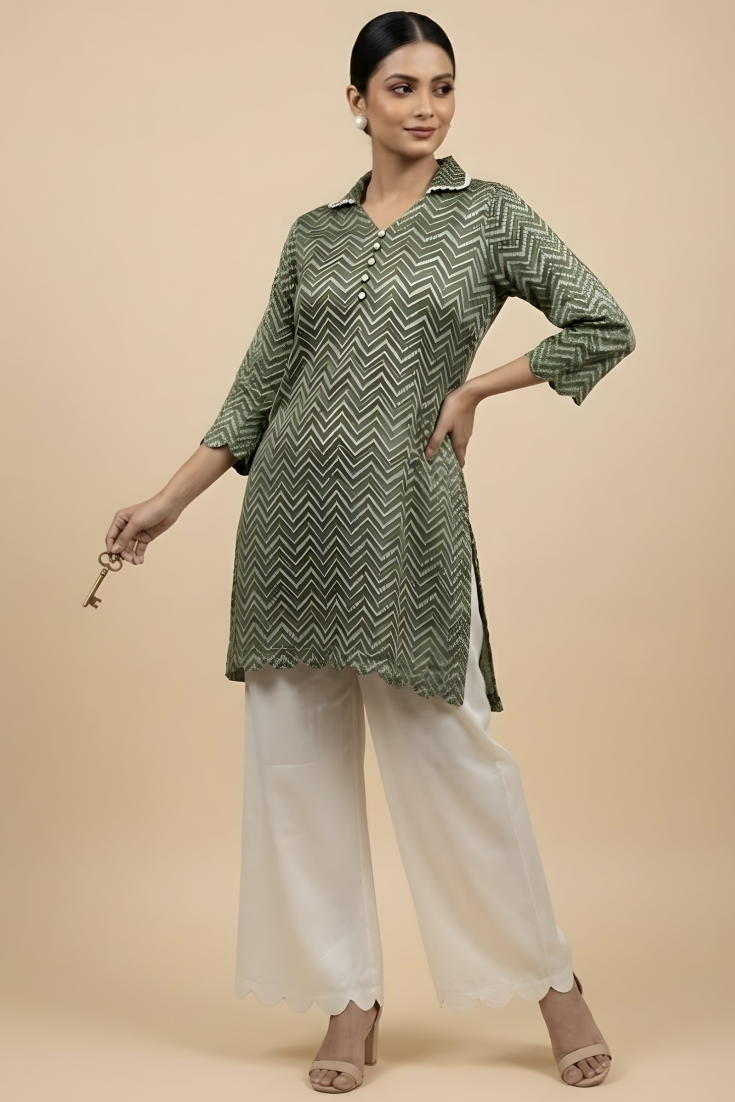 Satin Green Co-ord Set with White Satin Plazo