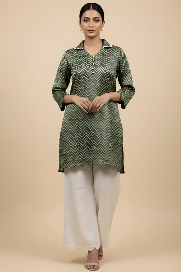 Satin Green Co-ord Set with White Satin Plazo