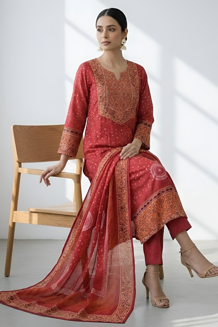 Red Printed Modal Suit with Pant and Printed Dupatta