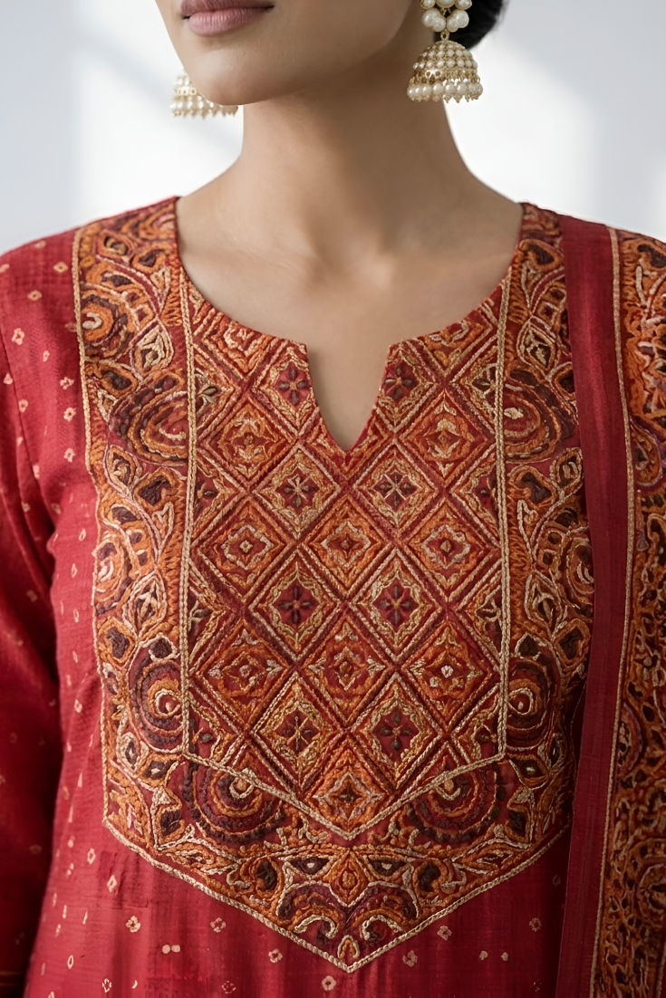 Red Printed Modal Suit with Pant and Printed Dupatta