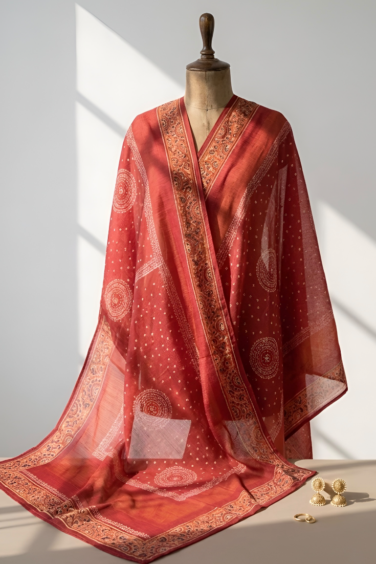 Red Printed Modal Suit with Pant and Printed Dupatta