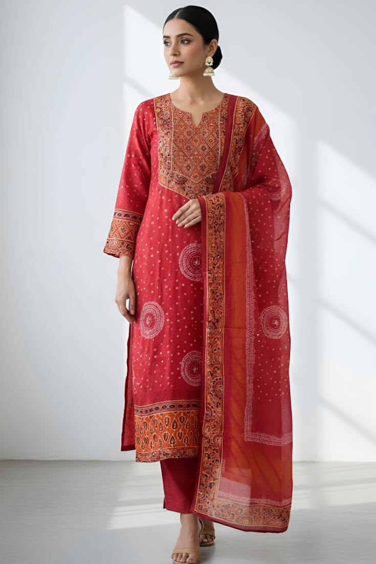 Red Printed Modal Suit with Pant and Printed Dupatta