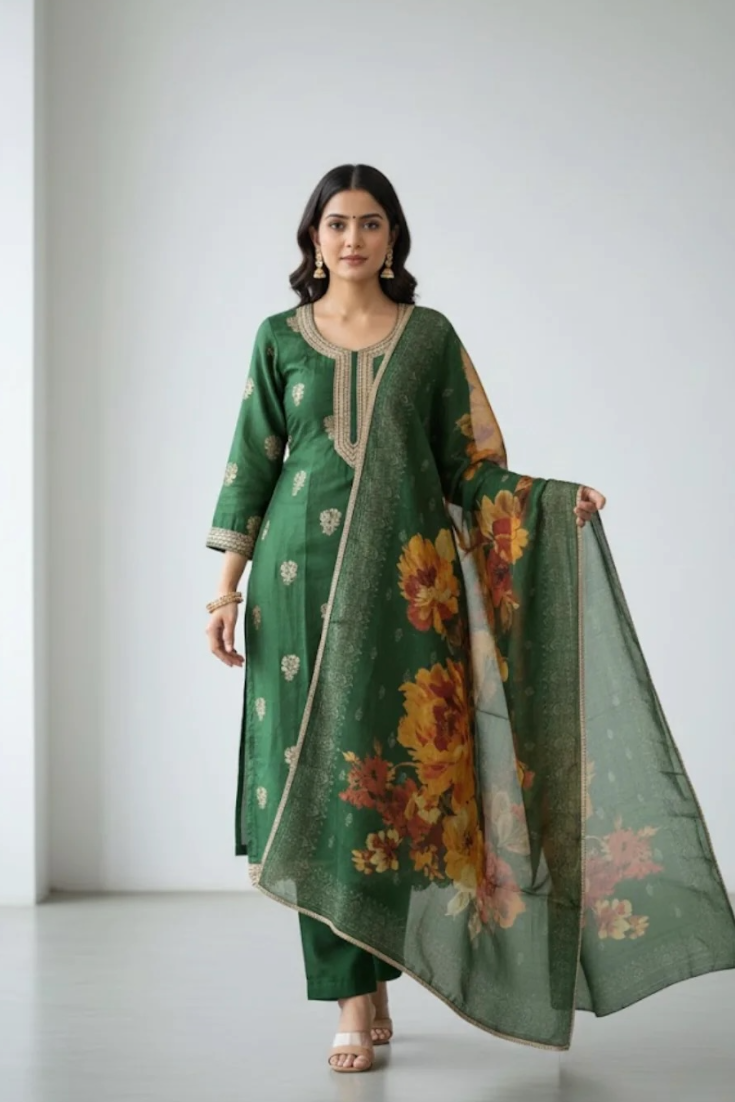 Bottle Green Modal Silk Suit ,Work on Neck with Printed Dupatta and Pant