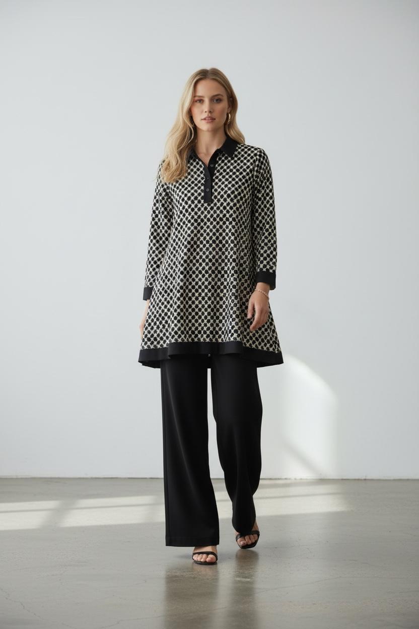 Kiara Black Printed Satin Co-ord Set with Collar and Black Pant