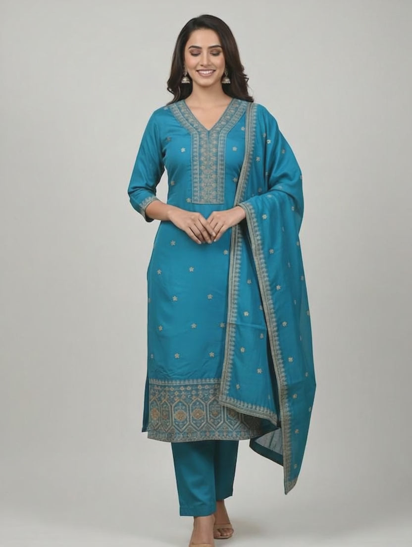 Ferozi Silk Tilla Work Suit with Pant